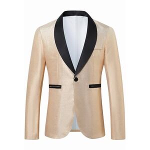 Lars Amadeus Gold Metallic Tuxedo Blazer Jacket Black Satin Trim Size S